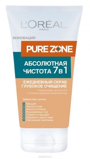 Скраб с салициловой кислотой, l'oreal paris "pure zone абсолютная чистота 7 в 1" ежедневный скраб для лица от черных точек и прыщей, 150 мл